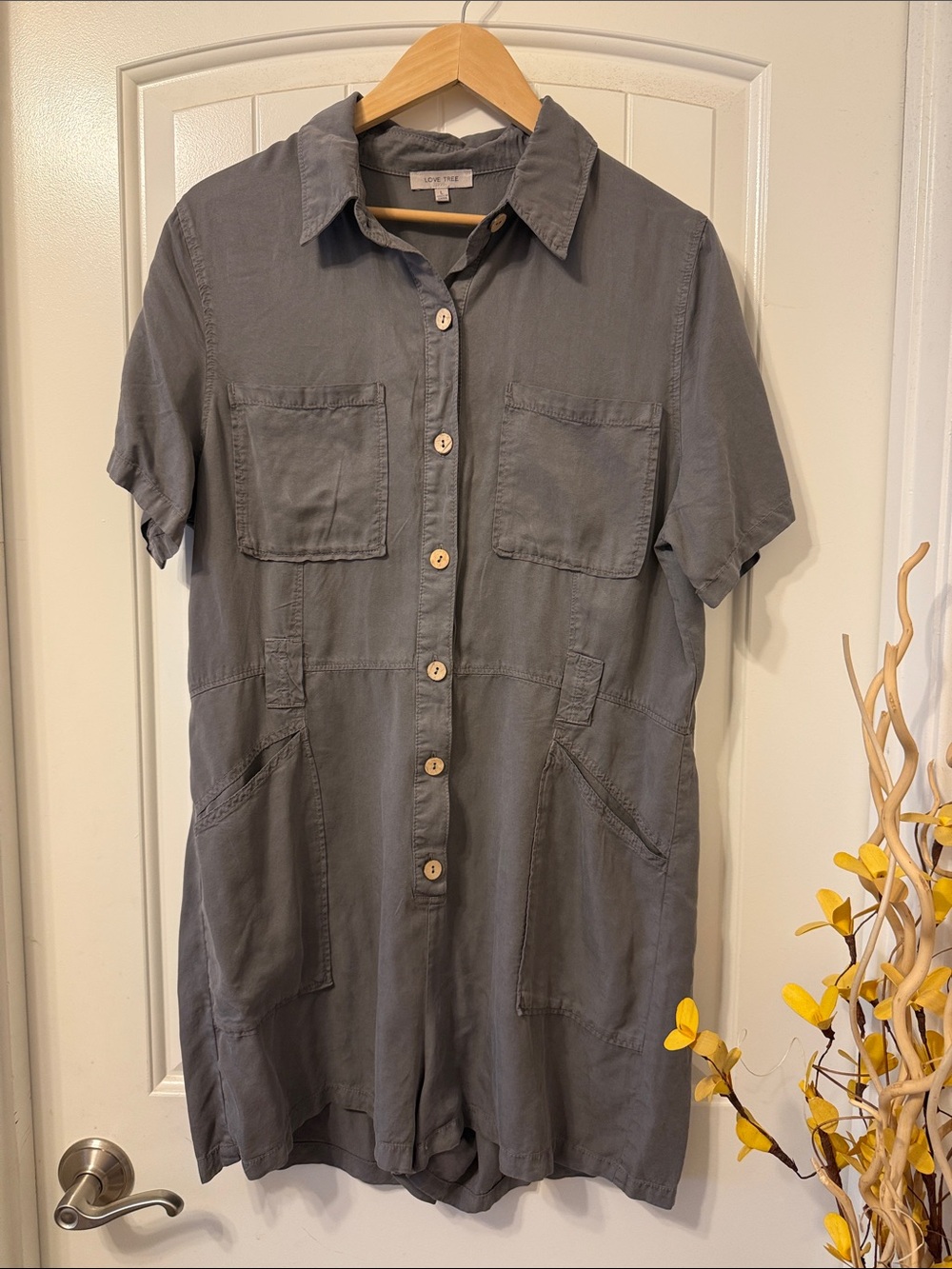 Love Tree Slate Gray Short-Sleeve Button Romper